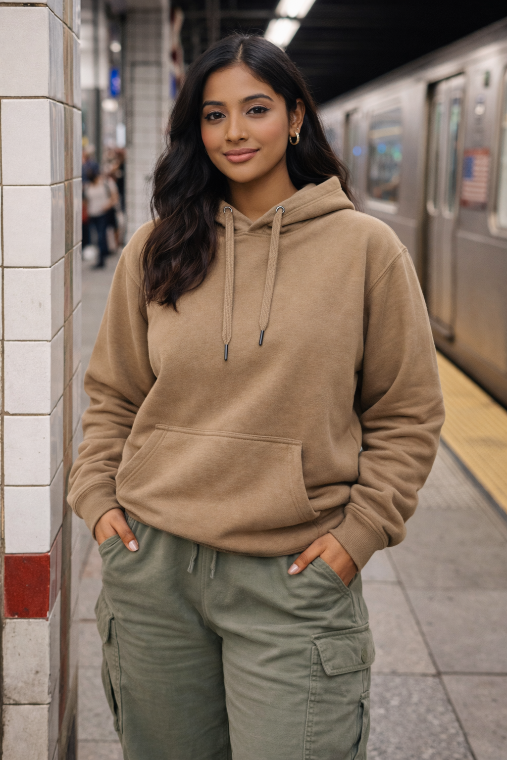 Woman wearing a beige hoodie and green cargo pants standing in a subway station.